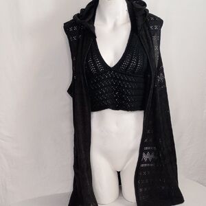 2pc Women's Crochet Halter Top w Sleeveless Hoodie Black Festival Coachella
